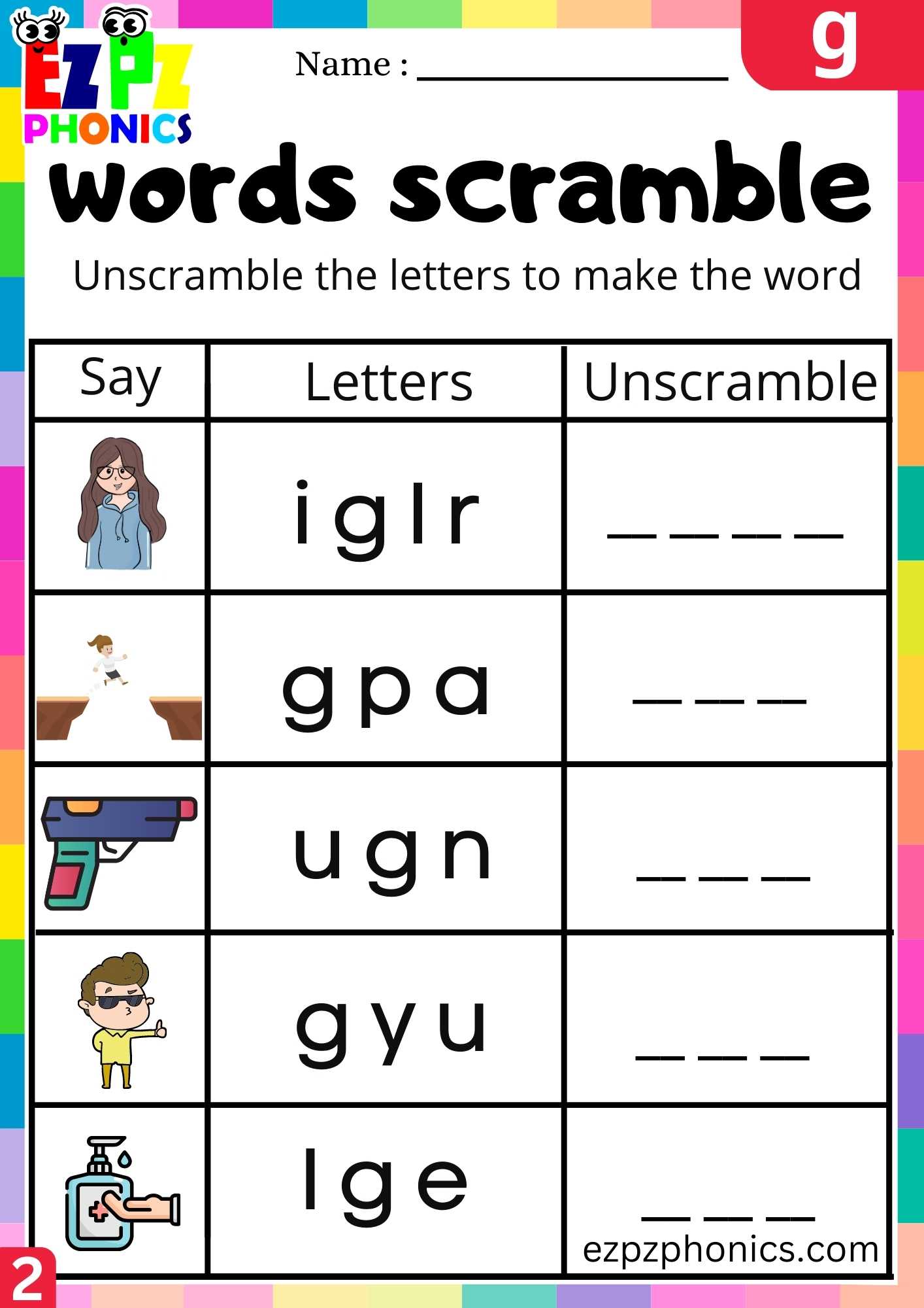 Group2 Letter G Words Scramble Beginning Sounds Worksheet